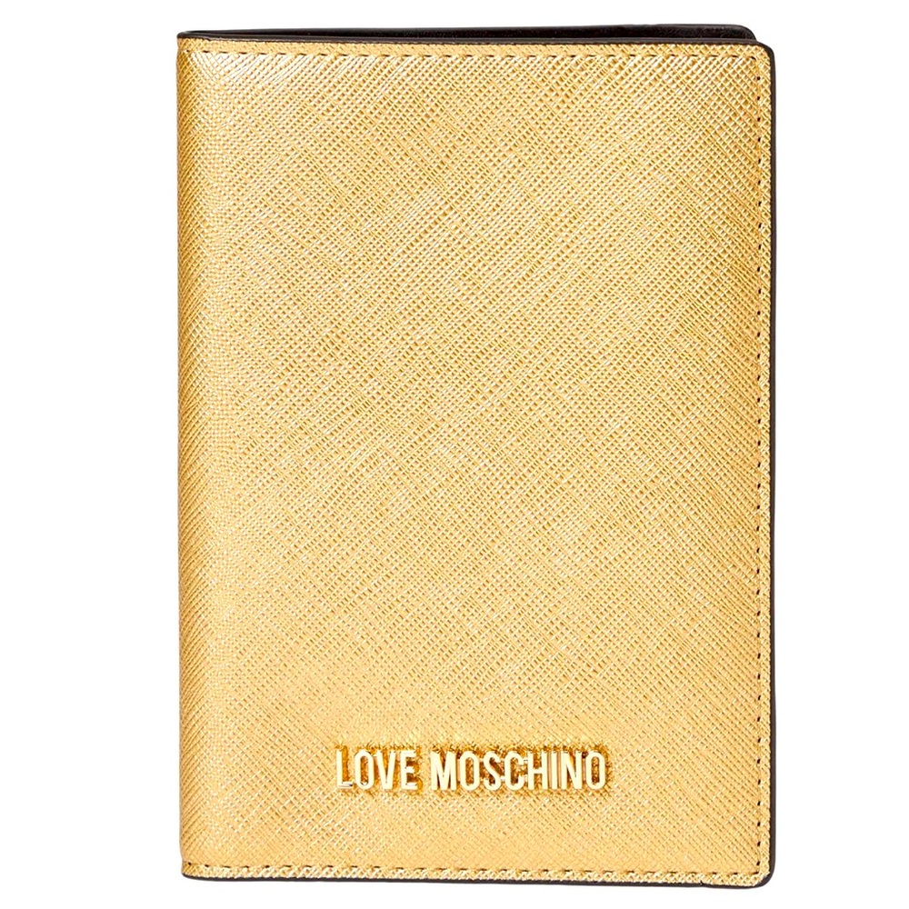 LOVE Moschino Gold Passport Holder. Width: 4 in, Dpth: 1⁄4 in, Hght: 5 3⁄4 in,